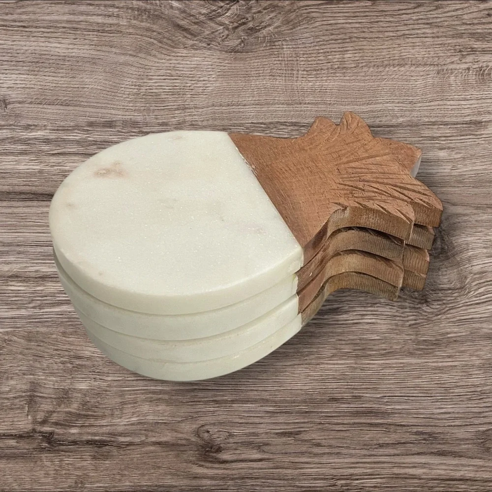 MARBLE PINEAPPLE COASTER SET OF 4, Marble and acacia wood made in India.